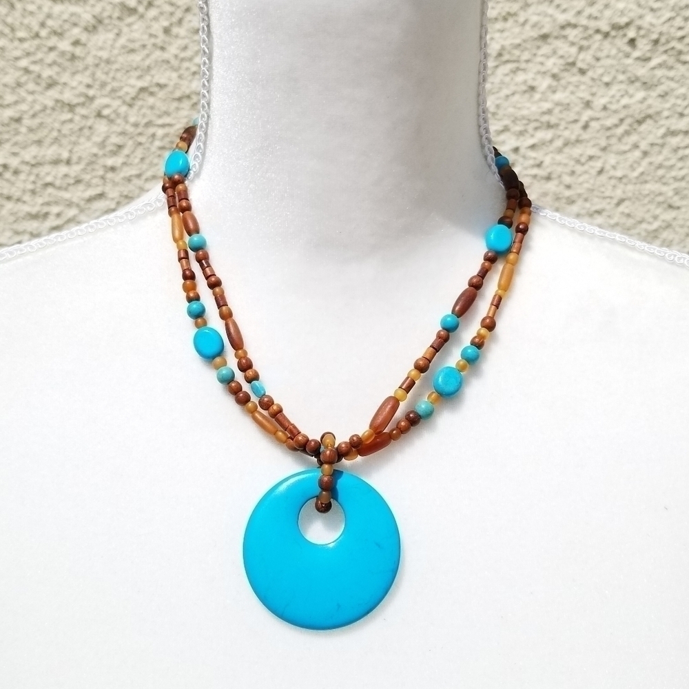 wood and stone brown and blue necklace